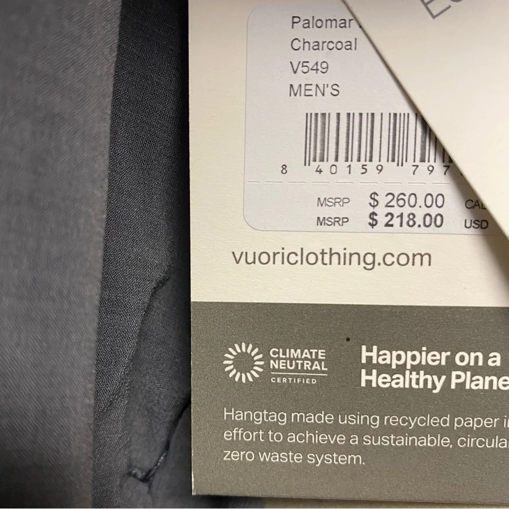 Vuori Men’s Palomar Insulated Jacket Large Lightweight Charcoal Masculine NWT